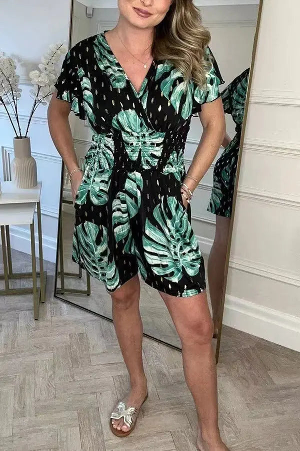 Leaf Print Shorts Jumpsuit Summer Beach Short-sleeved Bodysuit For Women Clothing null