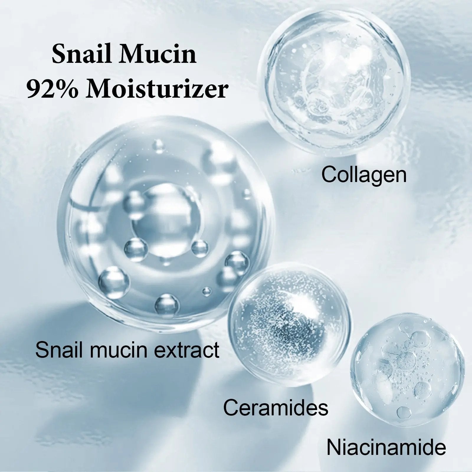 Close-up of snail mucin 92% moisturizer ingredients: snail mucin extract, collagen, ceramides, niacinamide.