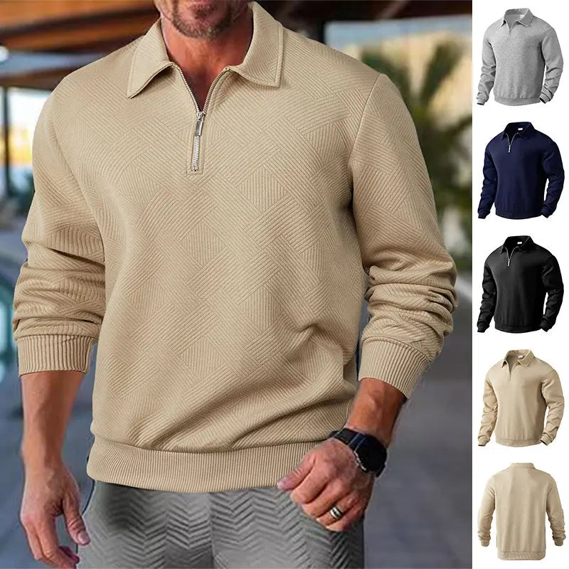 Lapel Jacquard Half-zipper Sweatshirt Fashion Solid Color Long-sleeved Tops For Men Clothing null