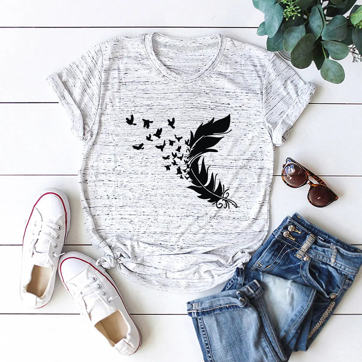 Summer Plus Size Women Clothing New Feather Print T-Shirt null