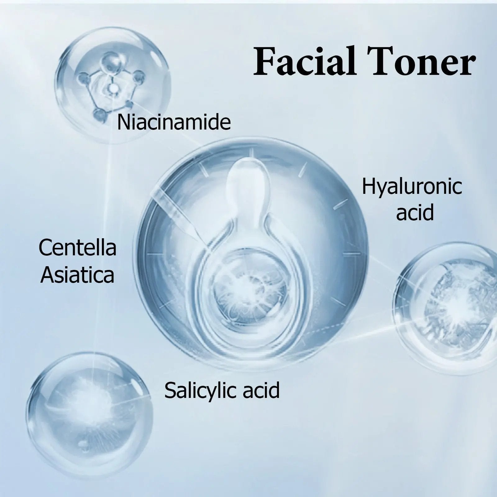 Facial Toner ingredients featuring Niacinamide, Hyaluronic acid, Centella Asiatica, and Salicylic acid in transparent bubbles.