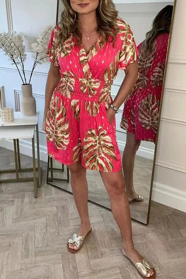 Leaf Print Shorts Jumpsuit Summer Beach Short-sleeved Bodysuit For Women Clothing null