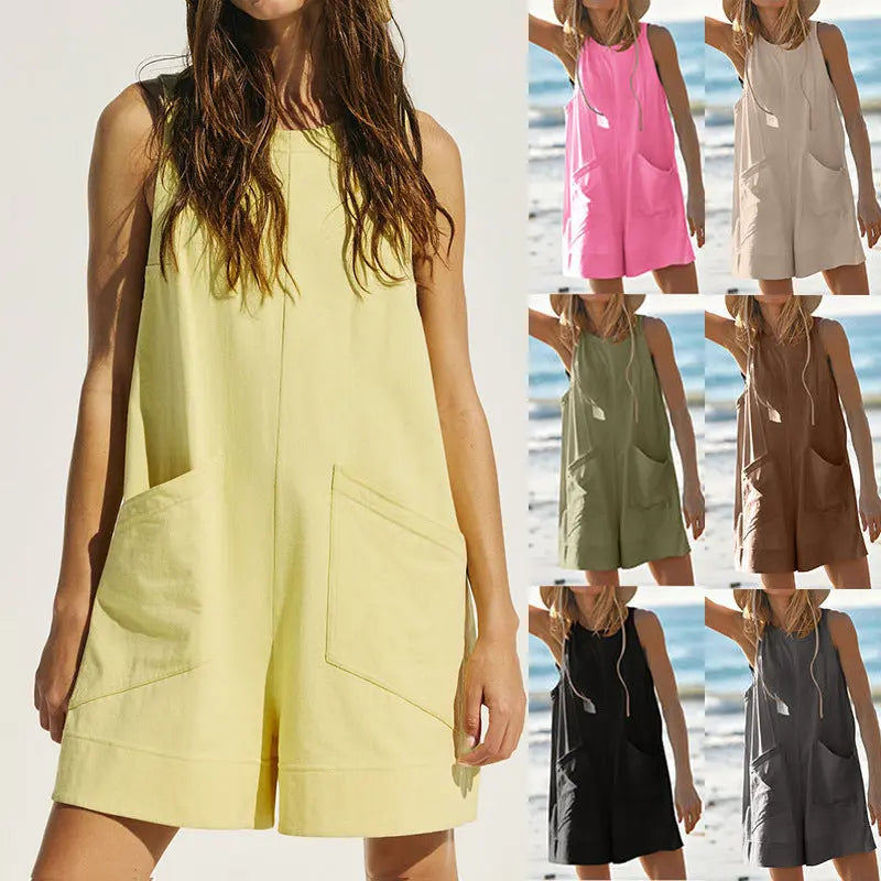 Women Sleeveless Shorts Jumpsuit With Pockets Fashion Beach Pants Summer Clothing null