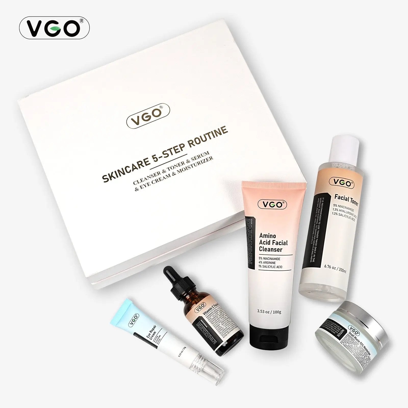 VGO skincare 5-step routine set including cleanser, toner, serum, eye cream, and moisturizer on a white background.