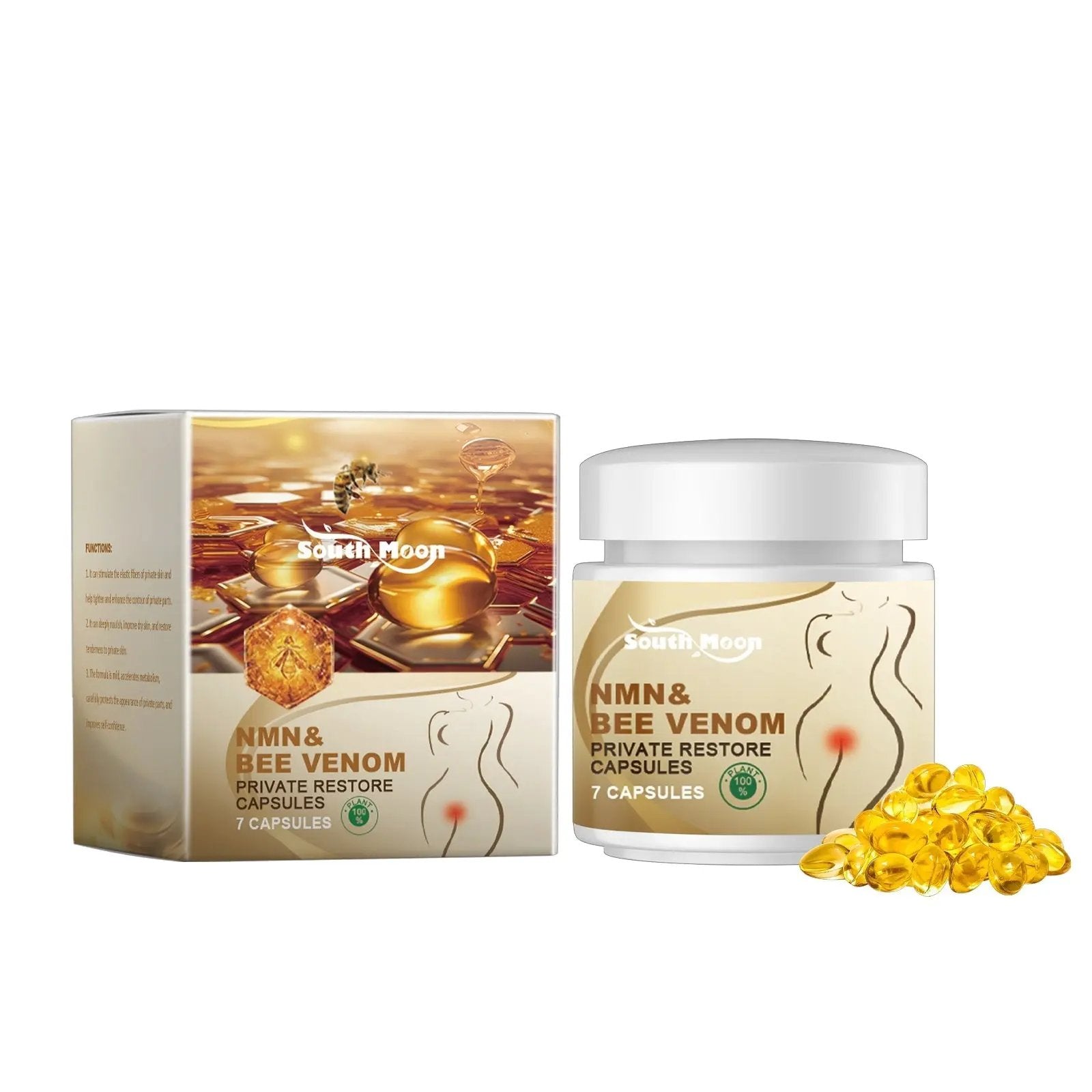 Personal care capsules for moisturizing and skincare, featuring NMN and bee venom, in a box with 7 capsules.