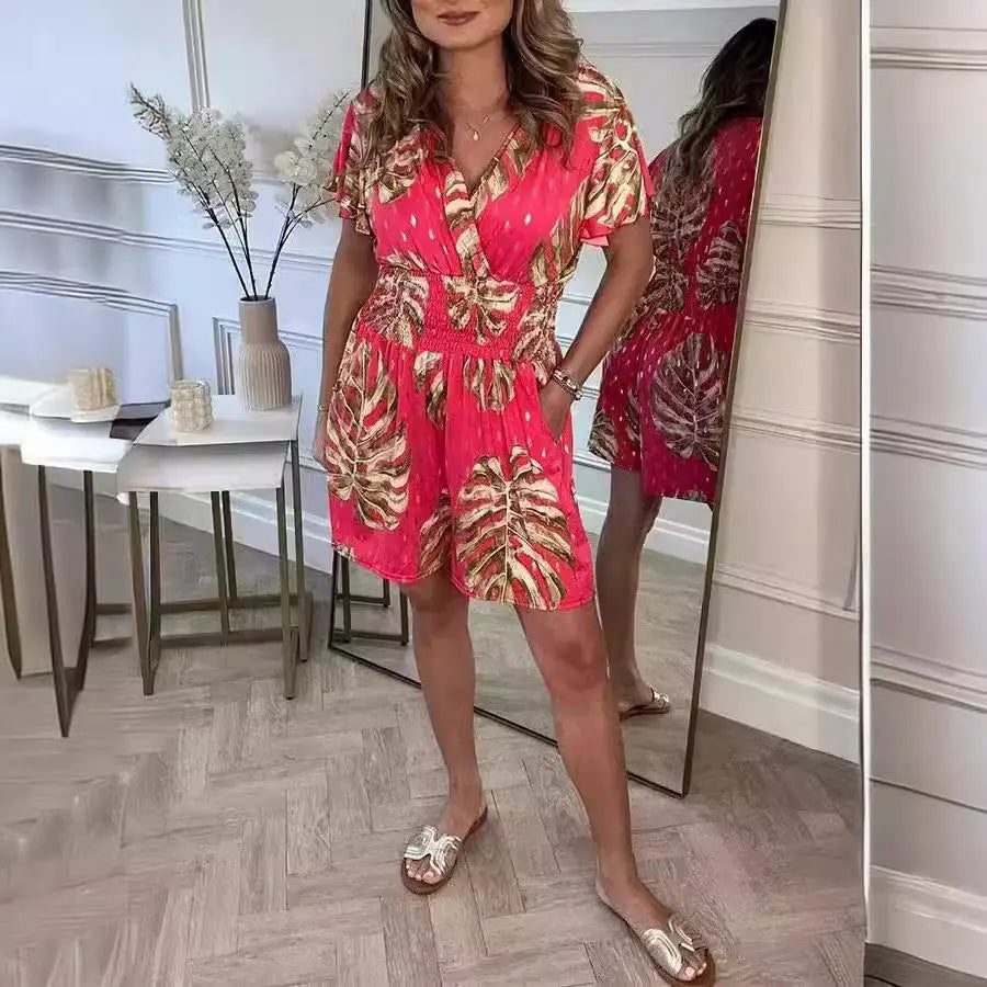 Leaf Print Shorts Jumpsuit Summer Beach Short-sleeved Bodysuit For Women Clothing null