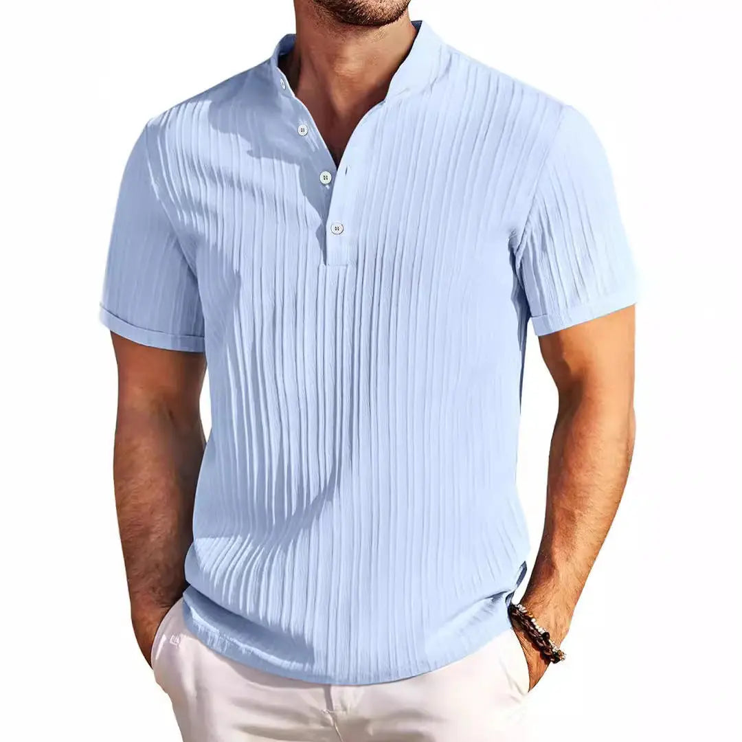 Summer Stand Collar Buttons Short Sleeve T-shirt Solid Color Stripe POLO Shirt Fashion Casual Beach Clothing For Men null