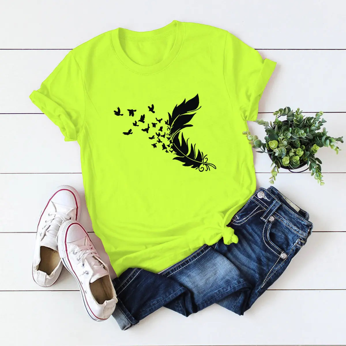 Summer Plus Size Women Clothing New Feather Print T-Shirt null