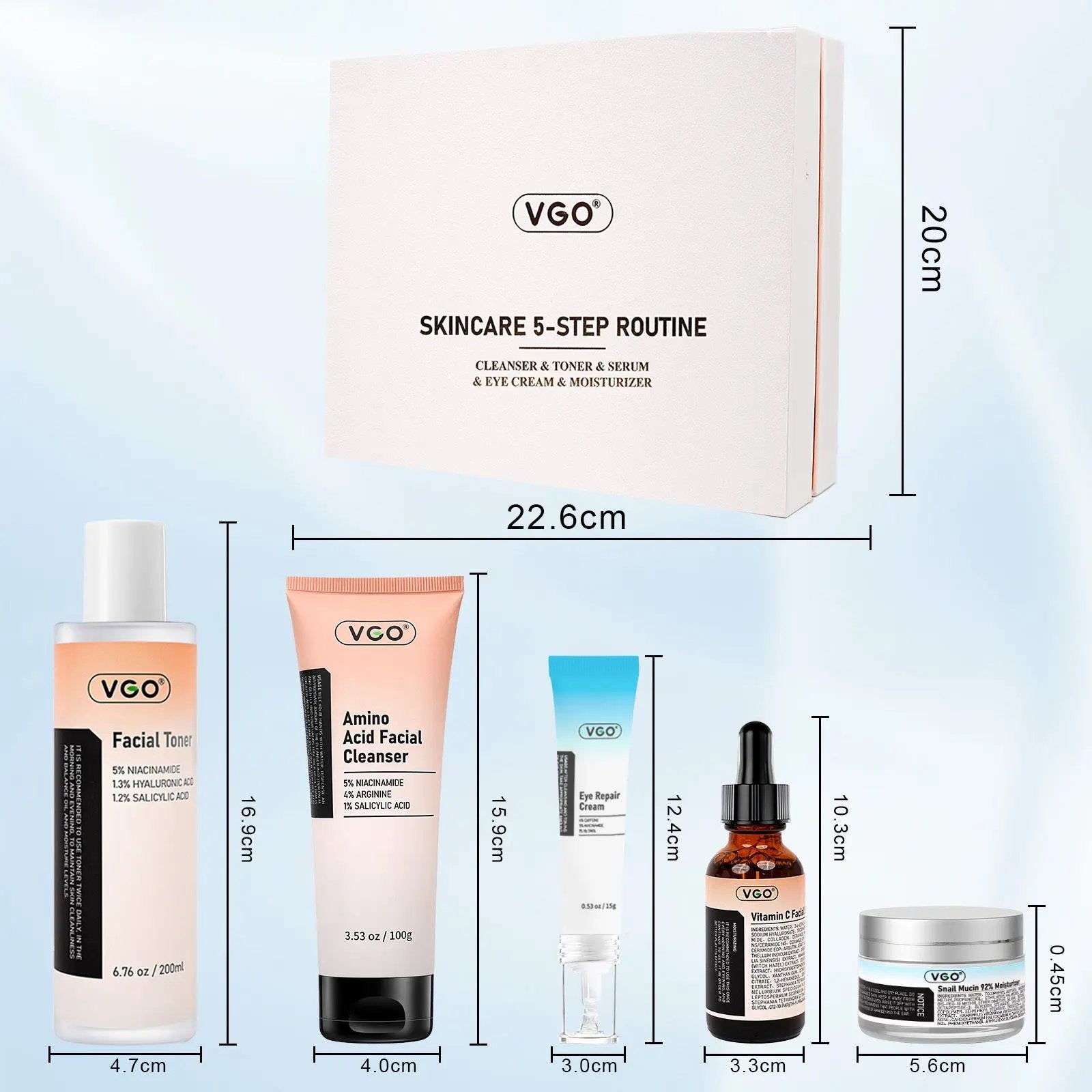 VGO skincare 5-step routine including cleanser, toner, serum, eye cream, and moisturizer with product measurements.