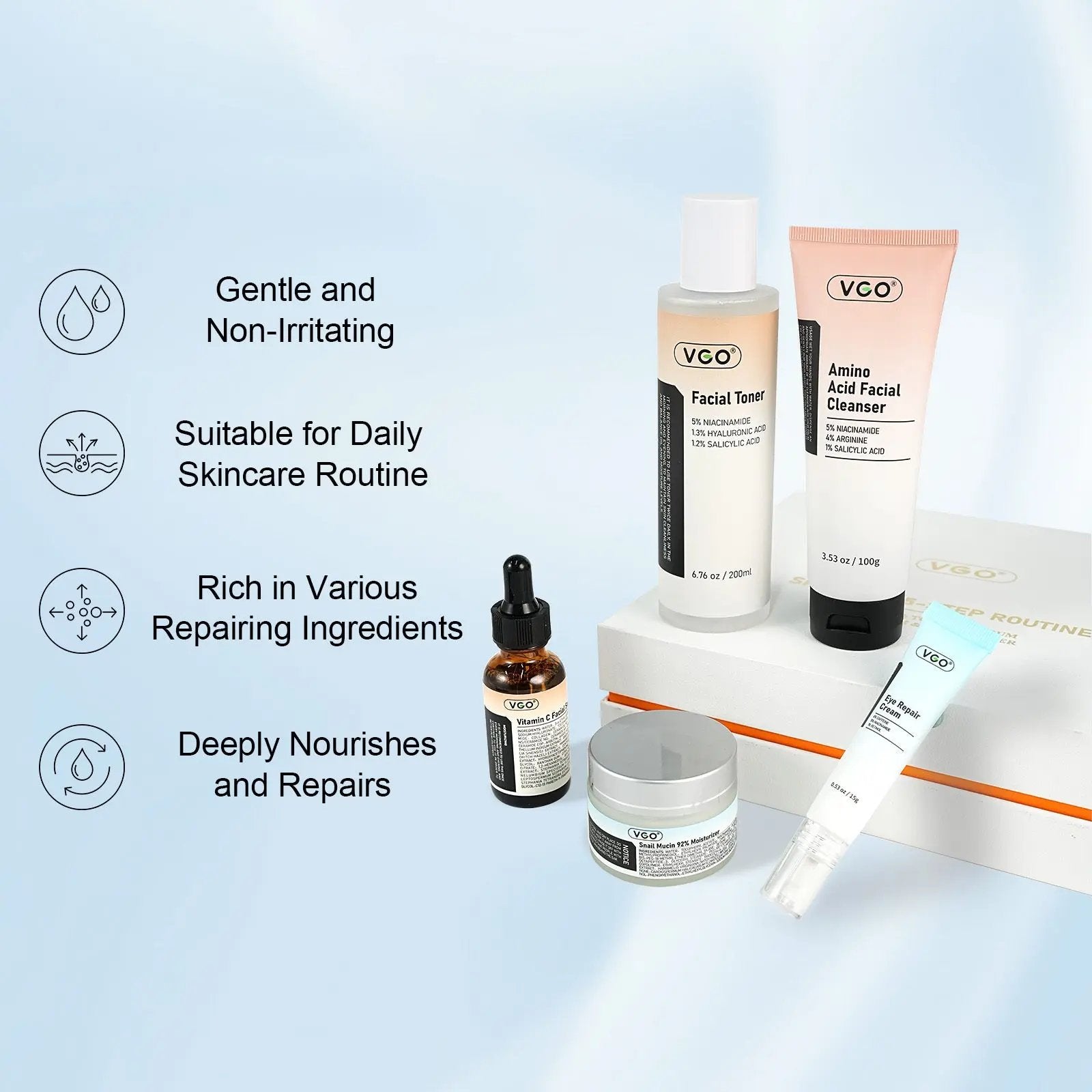 VGO skincare routine with gentle cleanser, toner, serum, and cream for deep nourishment and repair.