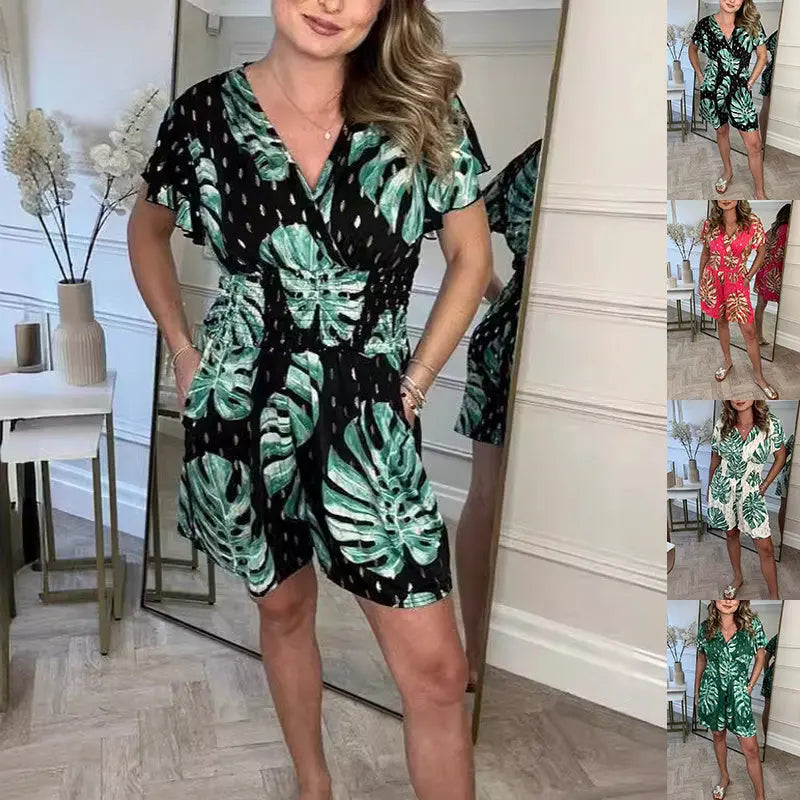 Leaf Print Shorts Jumpsuit Summer Beach Short-sleeved Bodysuit For Women Clothing null