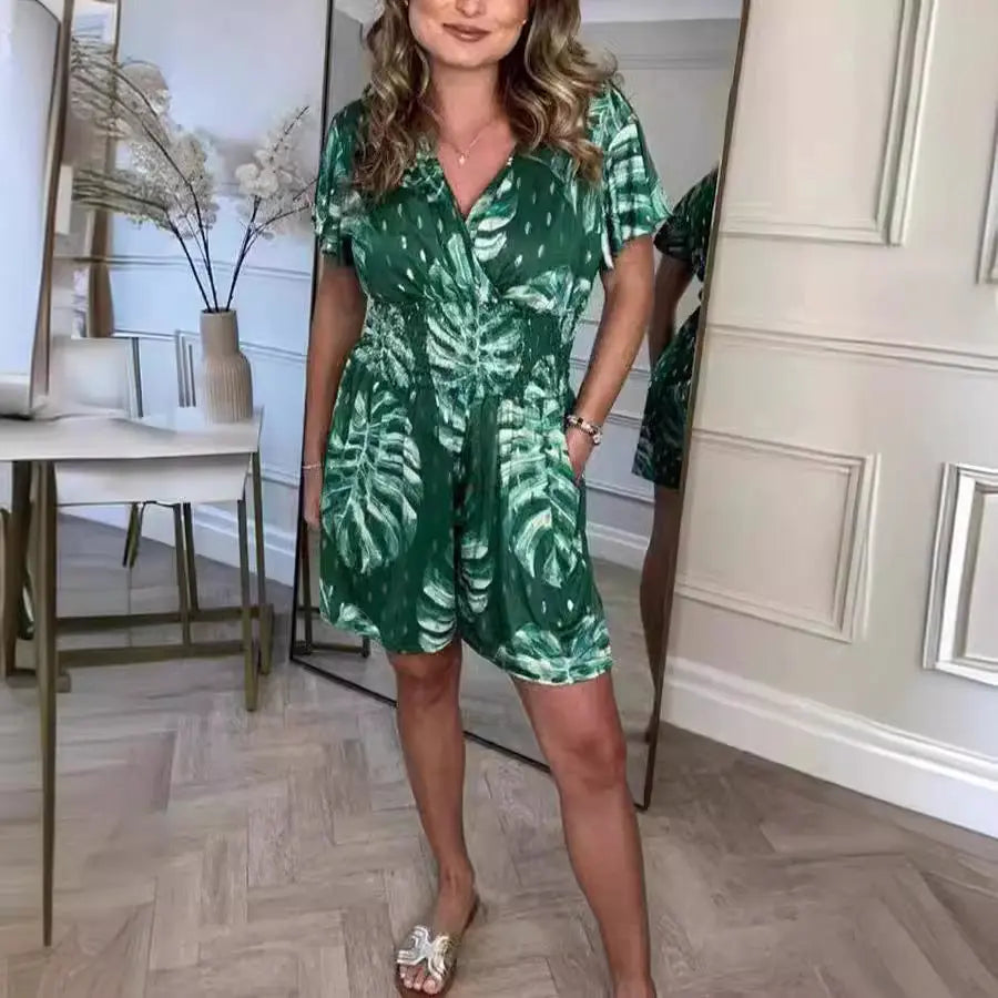 Leaf Print Shorts Jumpsuit Summer Beach Short-sleeved Bodysuit For Women Clothing null