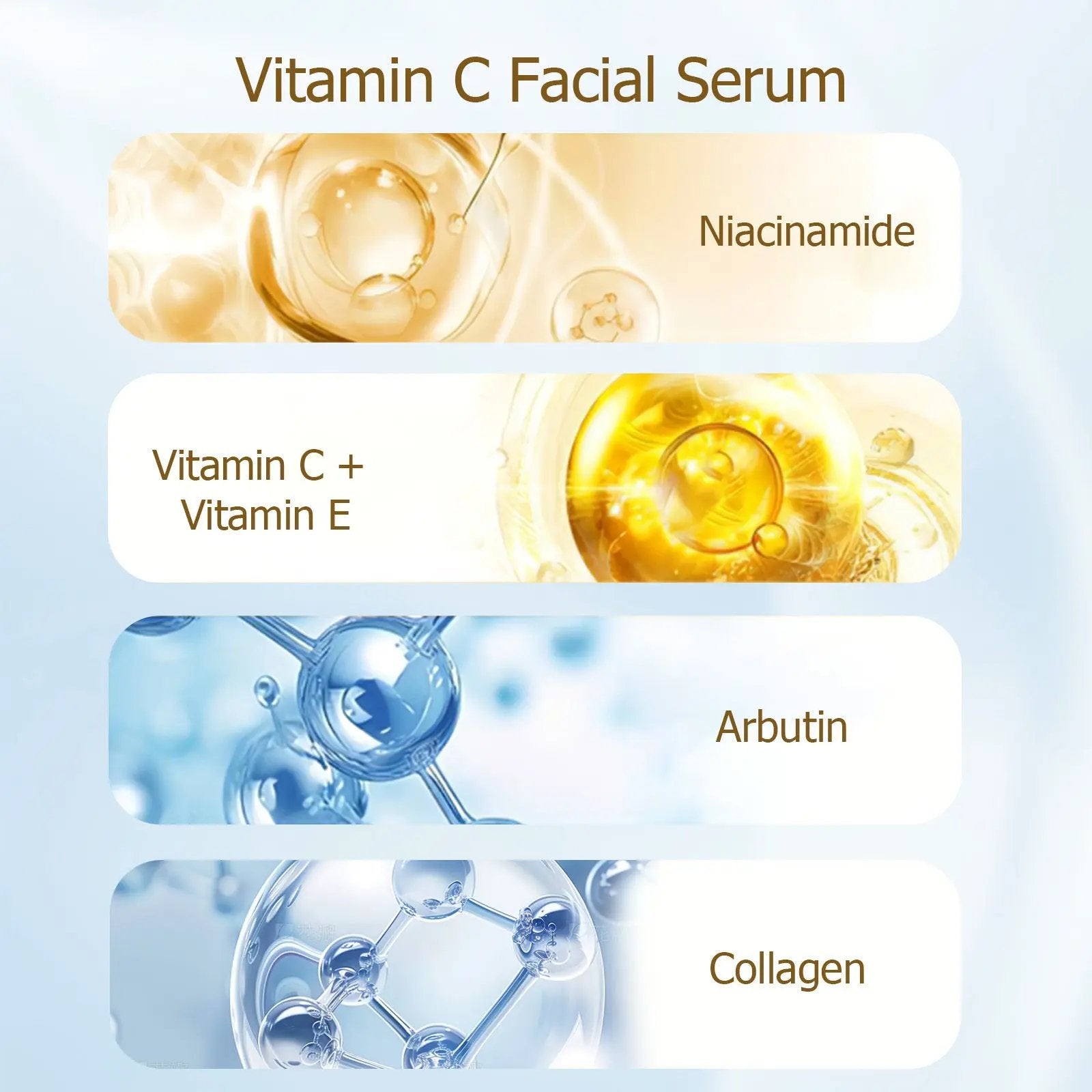 Vitamin C Facial Serum ingredients: Niacinamide, Vitamin C & E, Arbutin, Collagen for glowing skin.