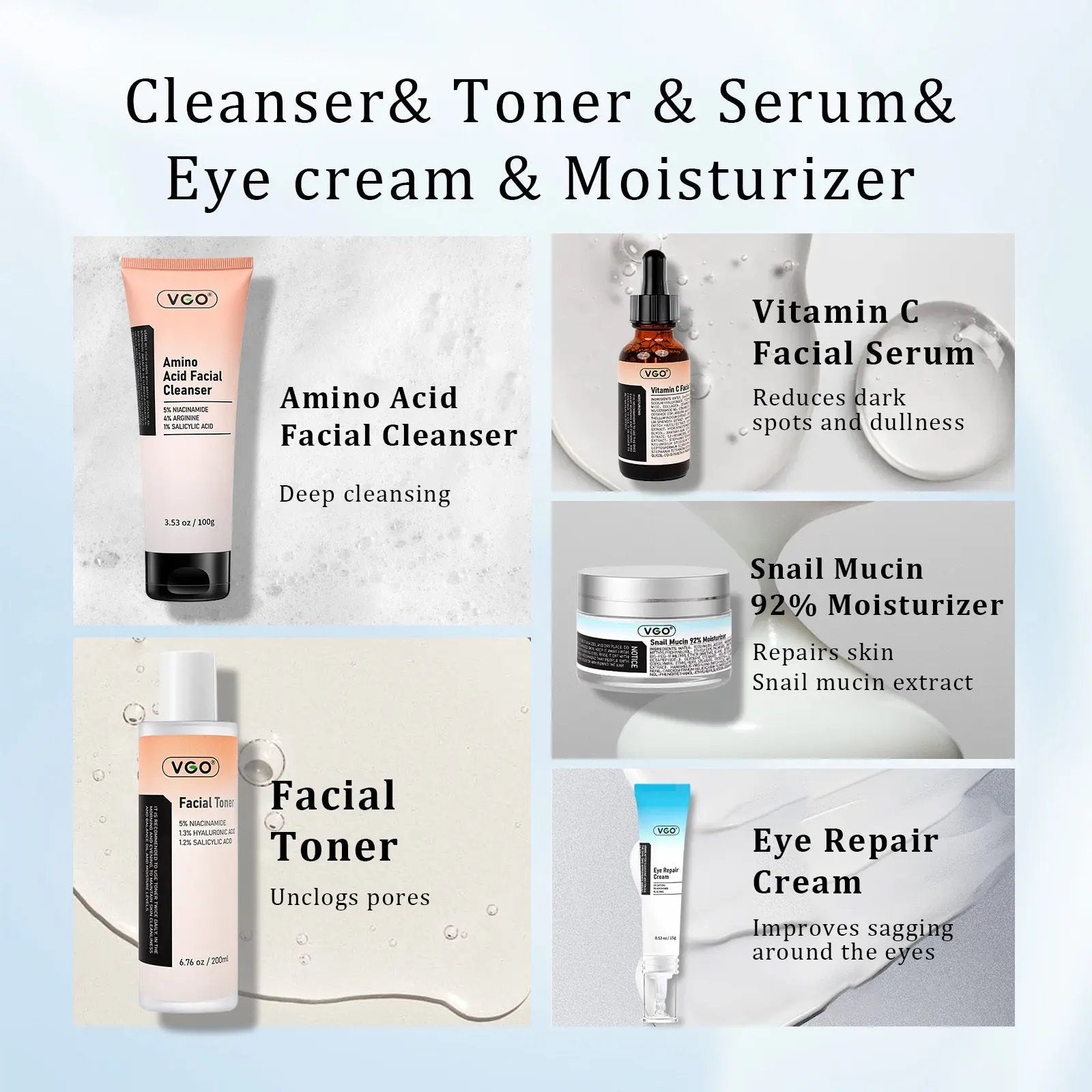 5-step skincare routine products: facial cleanser, toner, vitamin C serum, eye cream, and snail moisturizer.